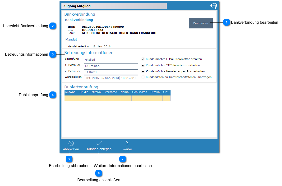 Aidoo Manage - Mitglied Funktionsleiste Bankverbindung/Betreuungsinformationen Übersicht