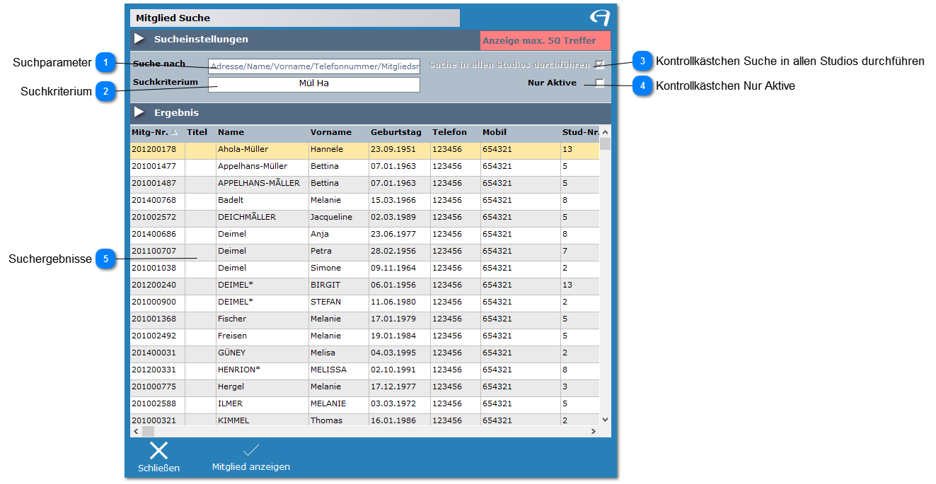 Aidoo Manage - Mitglied Funktionsleiste Kundensuche