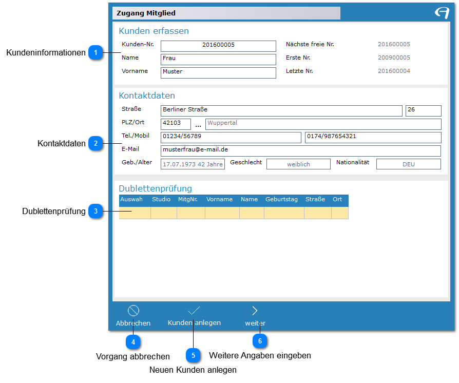 Aidoo Manage - Mitglied Funktionsleiste Zugang Mitglied Kontaktdaten