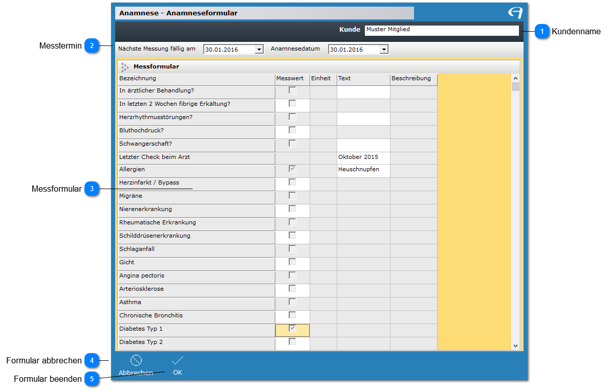 Betreuungsmodus Training - Anamneseformular