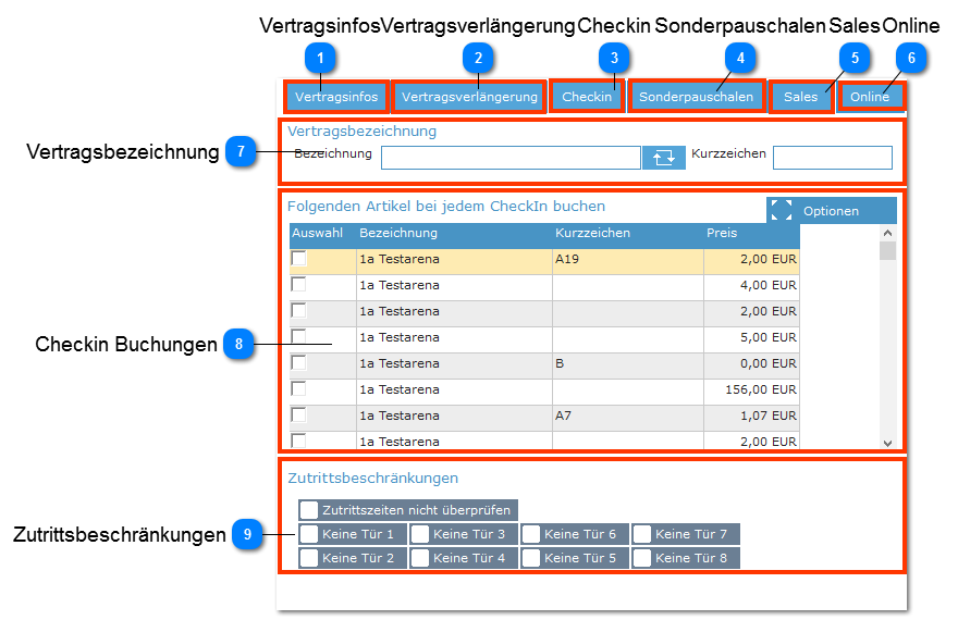 Vertrag einfügen und bearbeiten - Checkins